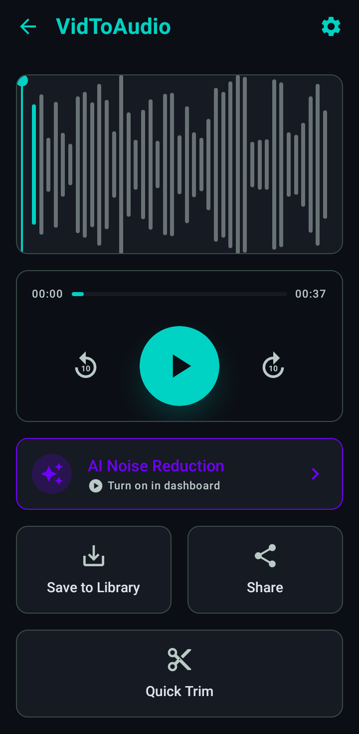 VidToAudio app Library screen showing converted files history
