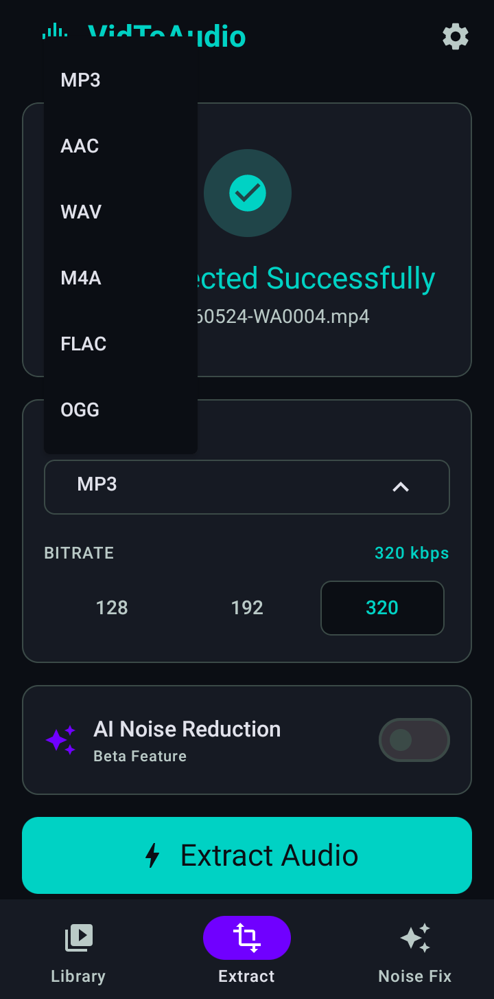VidToAudio app Extract screen showing MP3 AAC WAV format selection