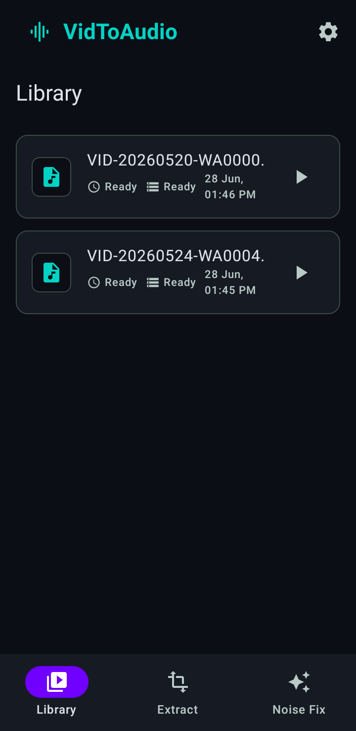VidToAudio app Library screen showing converted files history