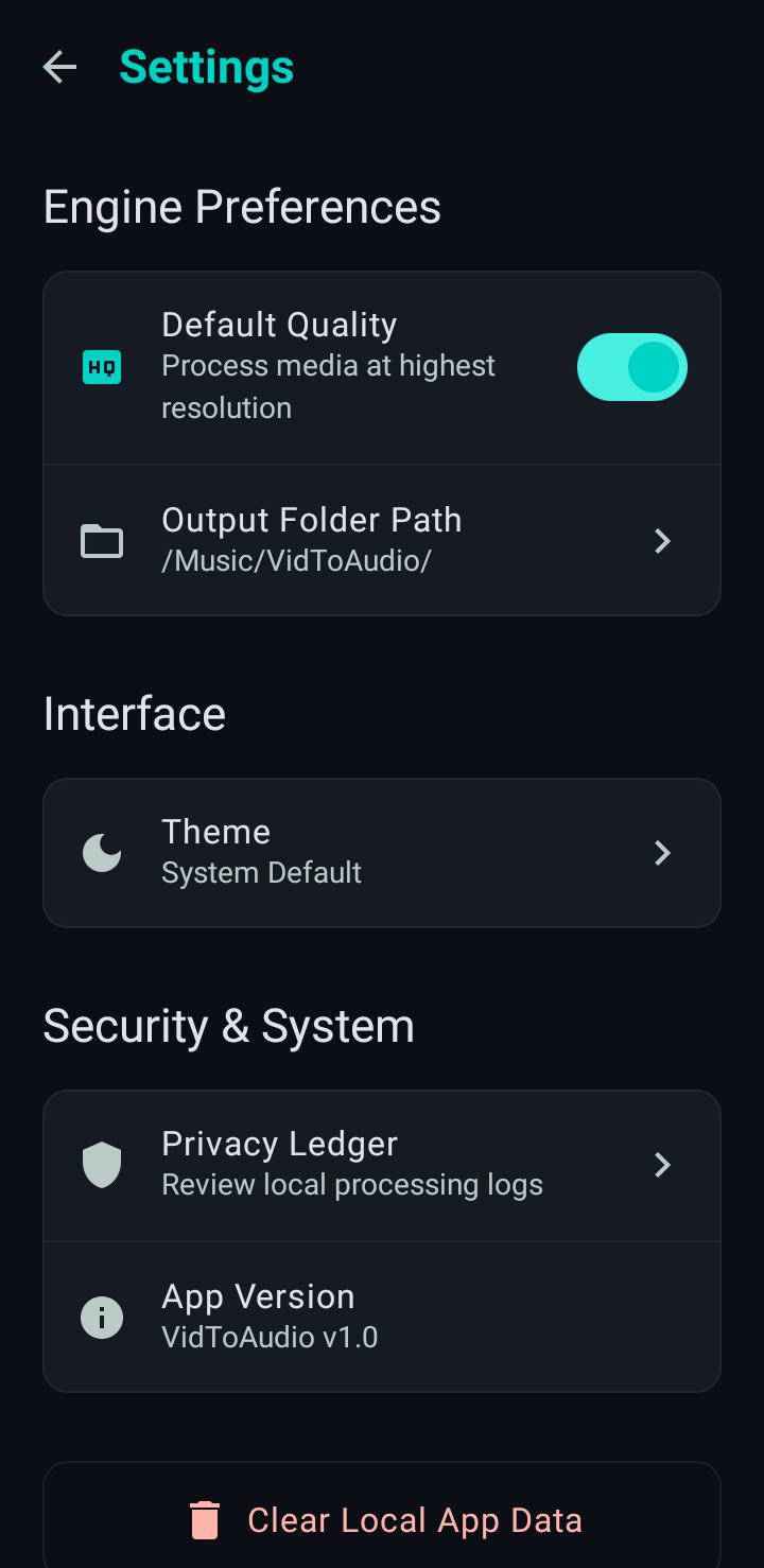 VidToAudio app Settings screen showing Privacy Ledger and custom folder path